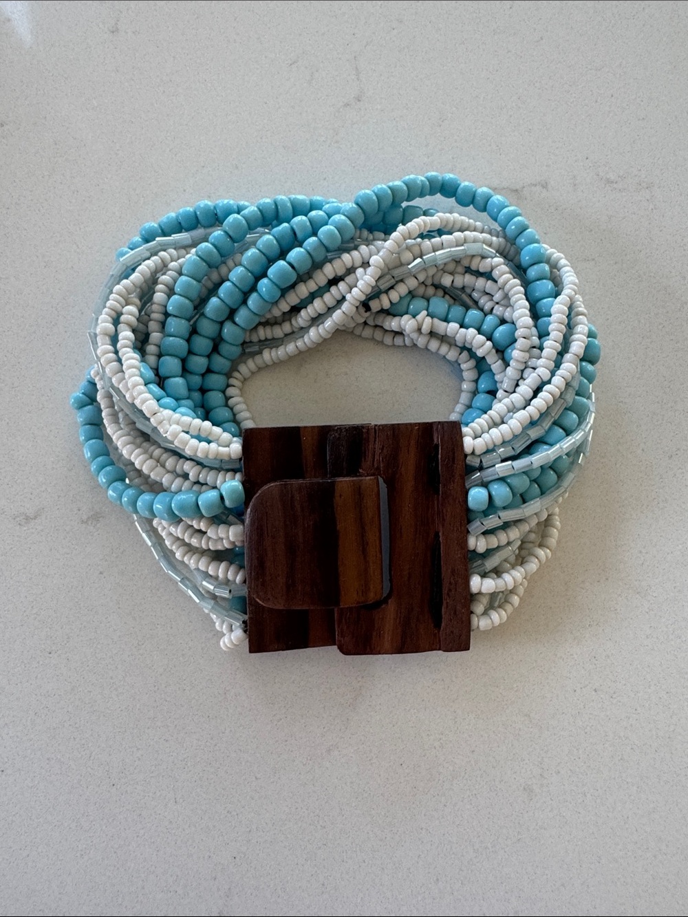 Beaded Multi-Strand Bracelet in Turquoise and White with Wooden Clasp NEW